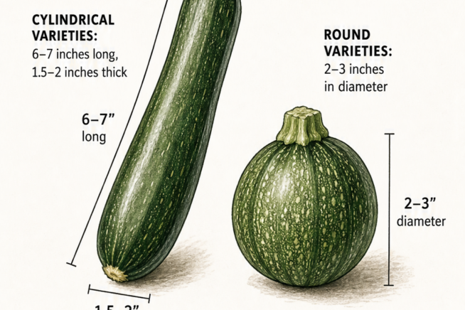Botanical illustration showing ideal harvest sizes for cylindrical and round zucchini varieties