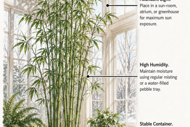 Illustration of a tall potted bamboo plant in a sunroom showing indoor growing requirements like abundant light, high humidity, and a stable container