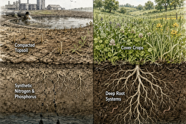 Cross-section illustration comparing industrial agriculture runoff with compacted soil to sustainable farming with deep roots and clean water