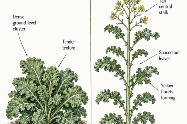 Botanical illustration comparing kale in its vegetative stage with dense leaves to the bolting stage with a tall stalk and yellow florets.