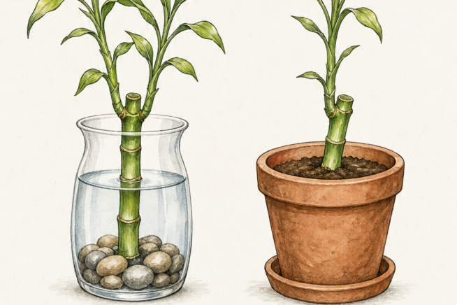 Illustration showing lucky bamboo grown in water and soil with feeding instructions