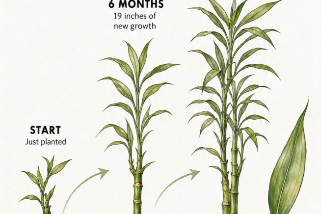 Botanical illustration showing the growth timeline of a lucky bamboo plant from a young stem to a mature 5-foot plant.