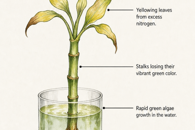 Botanical illustration of a sick lucky bamboo stalk showing signs of overfeeding