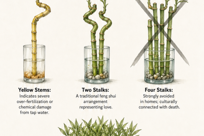 Illustration of lucky bamboo arrangements explaining the meaning of yellow stems and stalk numbers