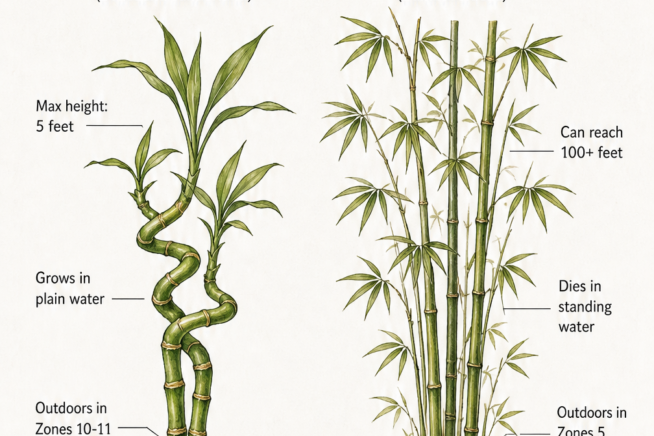 Illustration comparing the traits of lucky bamboo grown in water versus true bamboo grown in soil.