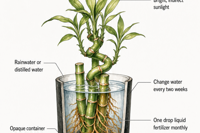 Cross-section diagram showing lucky bamboo in an opaque container with water, marbles, and care instructions