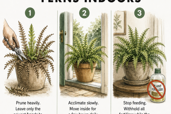 Three-step illustration showing how to move a Boston fern indoors: pruning old fronds, acclimating slowly on a doorstep, and stopping fertilizer.