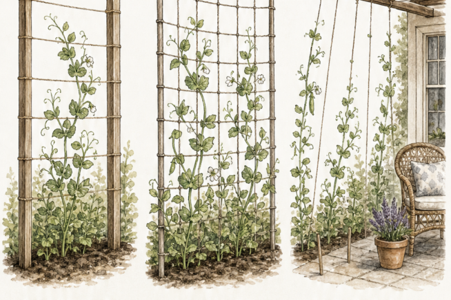 Three illustrations of string pea support structures including horizontal twine between posts, a net trellis, and patio strings attached to an awning.