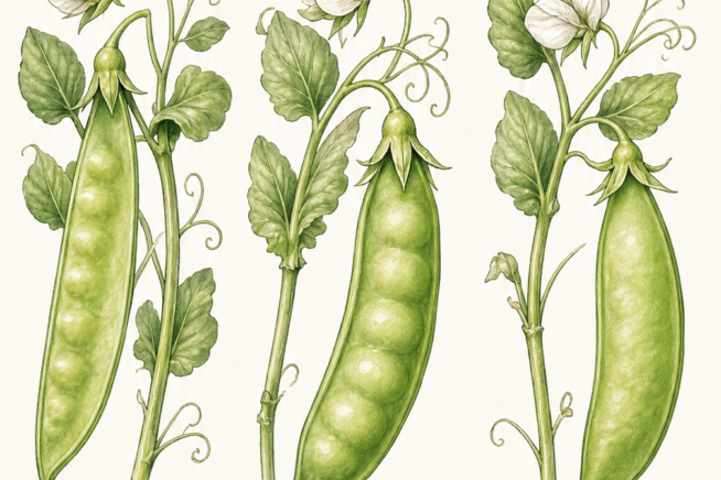 Botanical illustration showing the difference between snow peas, garden peas, and snap peas at harvest time.