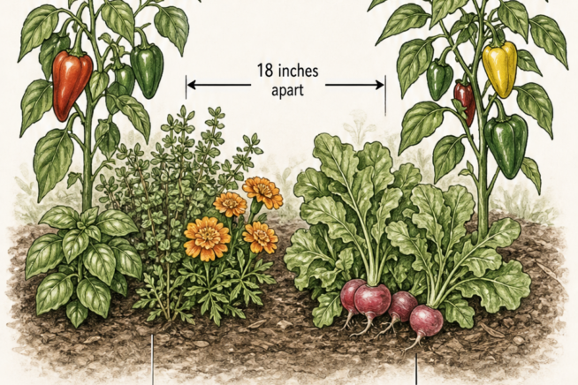 Illustration of companion plants like basil, marigolds, and radishes growing between two pepper plants.