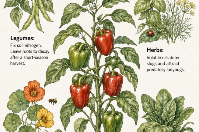 Botanical illustration showing perfect companion plants for peppers including legumes, herbs, flowers, and leafy greens.