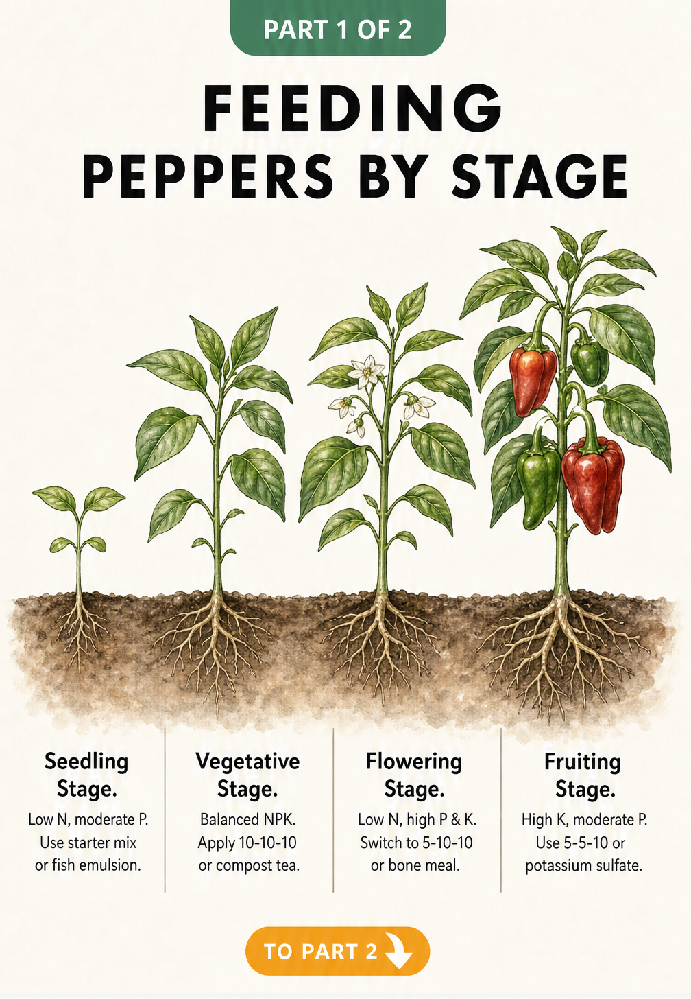 Botanical illustration showing the four growth stages of a pepper plant from seedling to fruiting with specific fertilizer recommendations for each phase.