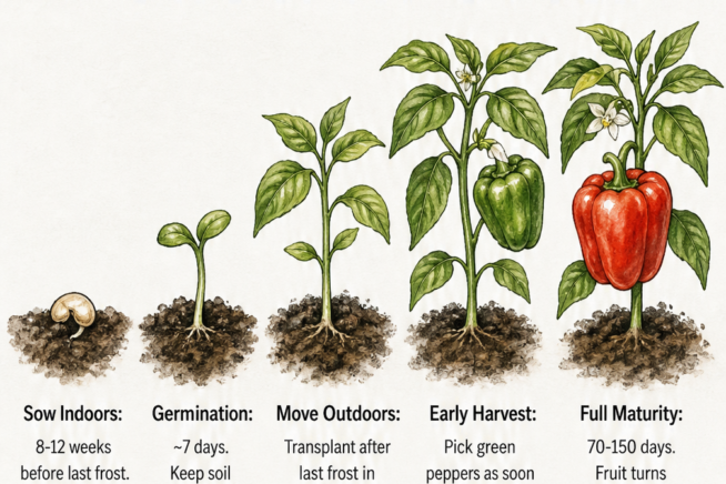 Illustration showing the growth cycle of a pepper plant from seed to red fruit with time and temperature details