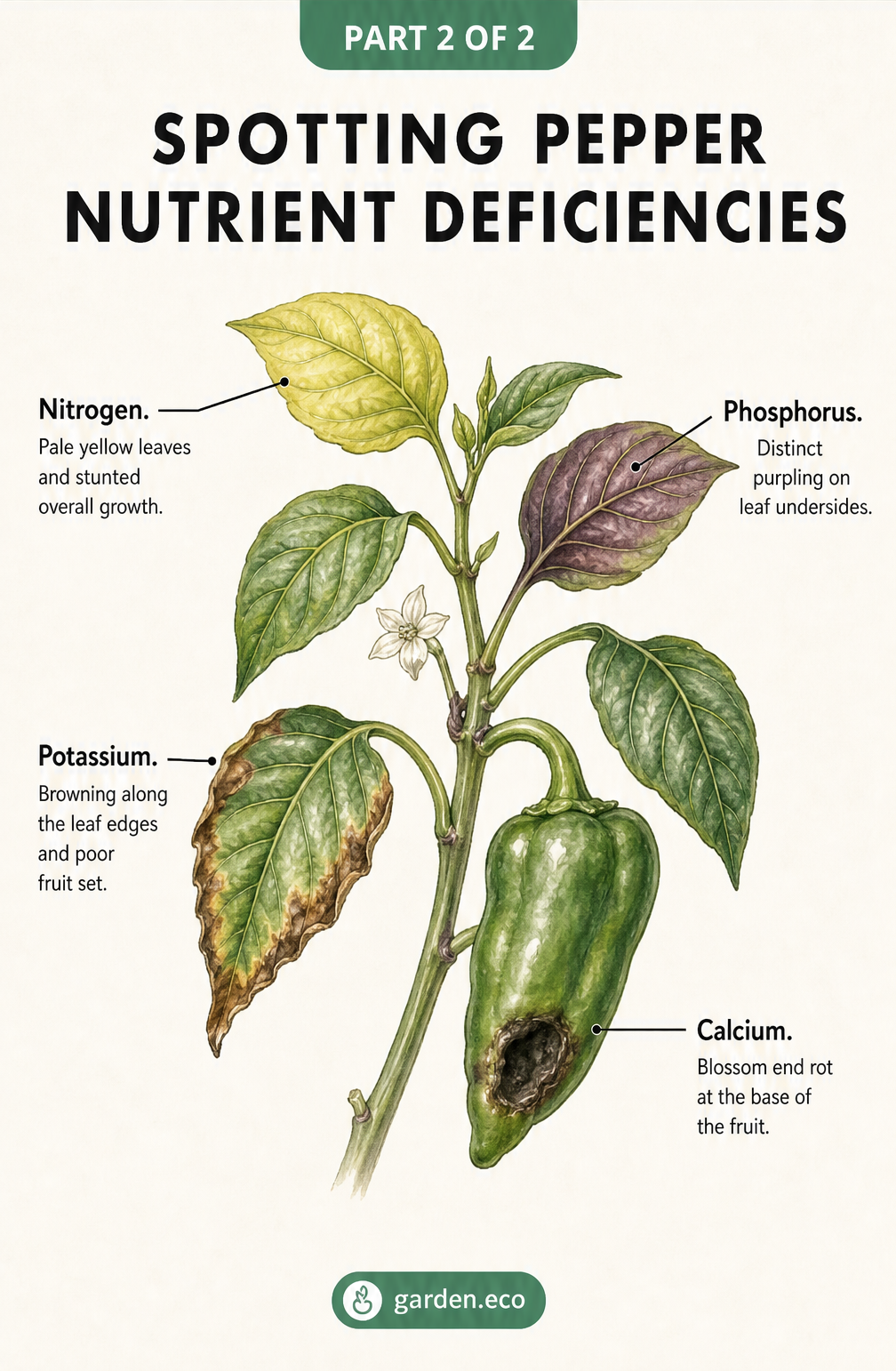 Detailed drawing of a pepper branch highlighting symptoms of nitrogen, phosphorus, potassium, and calcium deficiencies on leaves and fruit.