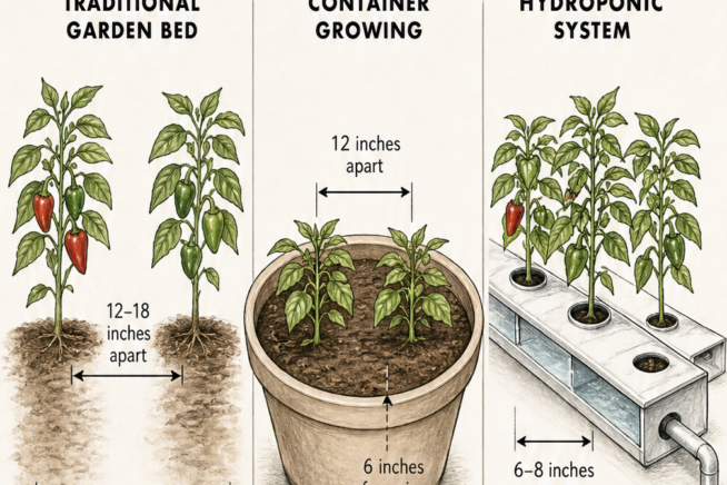 Illustration showing pepper plant spacing for traditional garden beds, containers, and hydroponic systems.