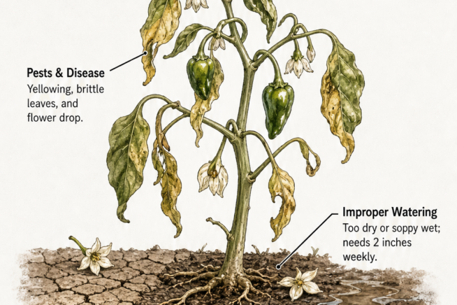 Botanical illustration showing a stunted pepper plant with labels pointing out temperature extremes, pests, improper watering, and transplant shock.
