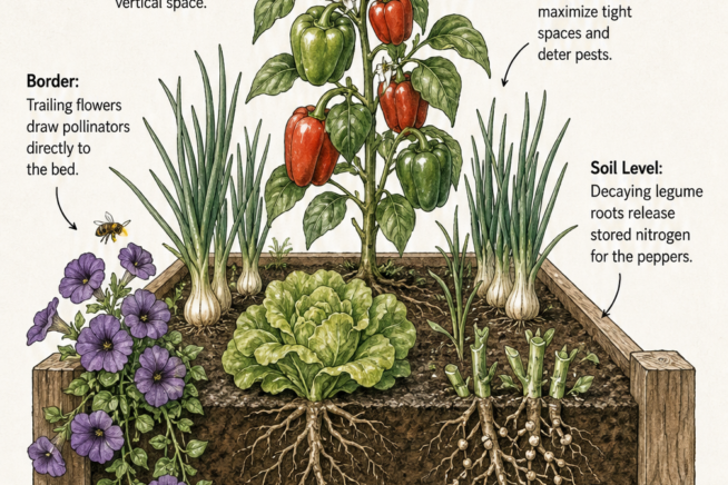 Cross-section of a raised garden bed showing a pepper polyculture layout with lettuce, onions, petunias, and decaying pea roots.