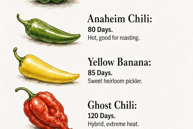 Illustration of four pepper varieties showing their days to maturity and a green pepper turning red