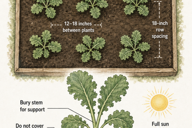 Illustration showing proper kale seedling planting depth and spacing in the garden