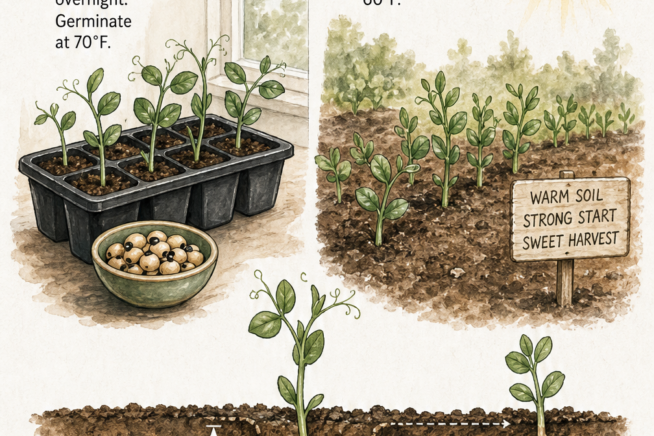 Visual timeline for planting purple hull peas showing indoor seed starting and direct sowing outdoors with soil depth and spacing requirements.