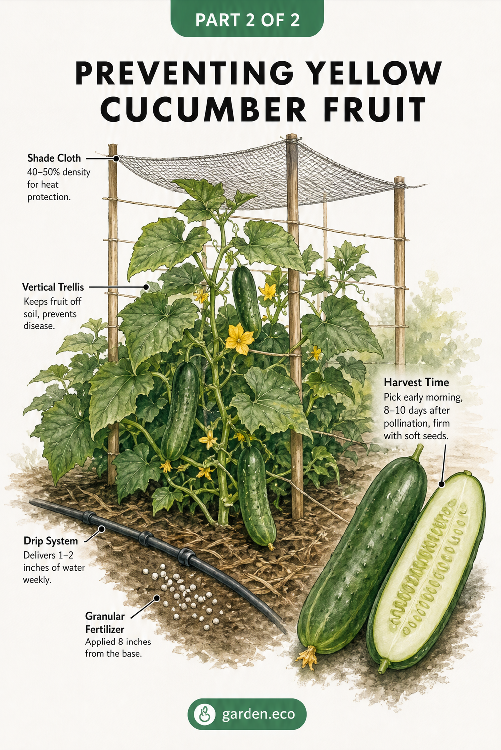 Illustration of an optimal cucumber garden bed showing a shade cloth, vertical trellis, drip irrigation system, and granular fertilizer application.