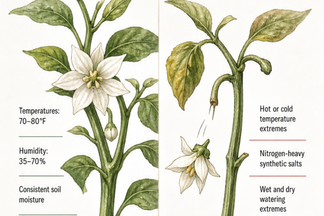 Illustration comparing a healthy pepper flower under ideal conditions to a dropping blossom caused by stress factors like temperature extremes.