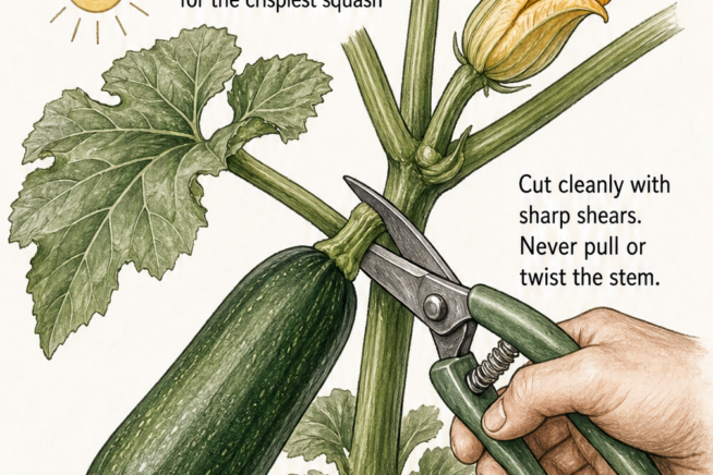 Illustration of garden shears cleanly cutting a zucchini stem from the plant before 9 a.m.