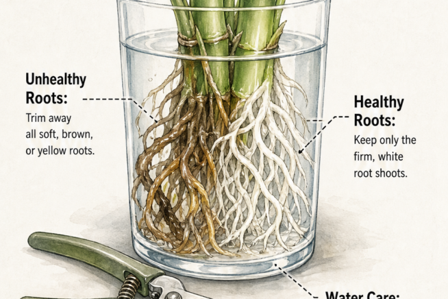 Illustration of lucky bamboo roots in water showing healthy white roots and unhealthy brown roots