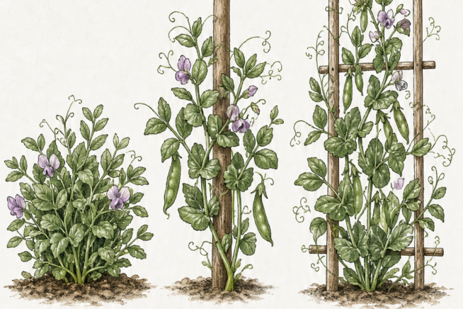 Illustration comparing bushing, semi-vining, and vining growth habits of purple hull pea plants.