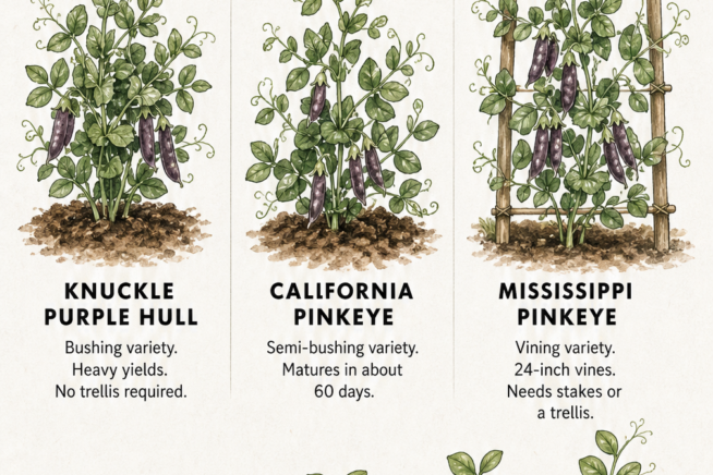 Botanical illustrations comparing three purple hull pea growth habits: bushing, semi-bushing, and vining varieties.