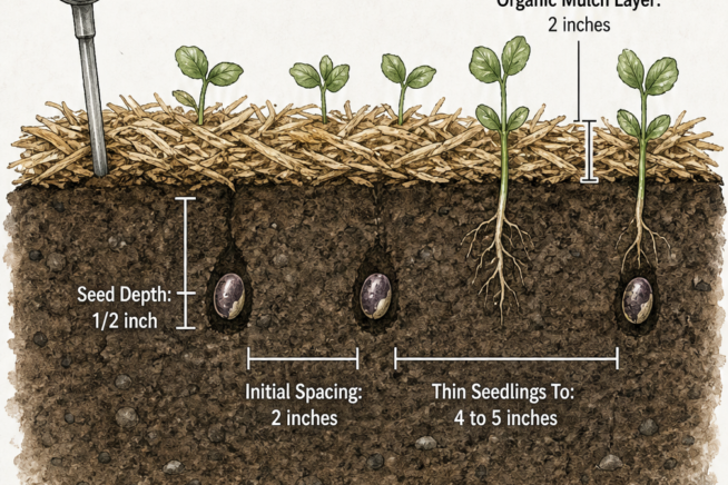 Cross-section illustration of a garden bed showing purple hull pea planting depth, spacing, and soil temperature requirements.