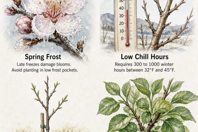 Four illustrations showing common reasons apricot trees fail to bloom: spring frost, low chill hours, immature tree, and excess fertilizer