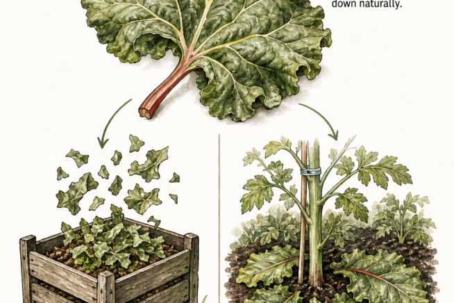 Illustration showing how to recycle rhubarb leaves by adding them to a compost bin or using them as mulch around other plants.