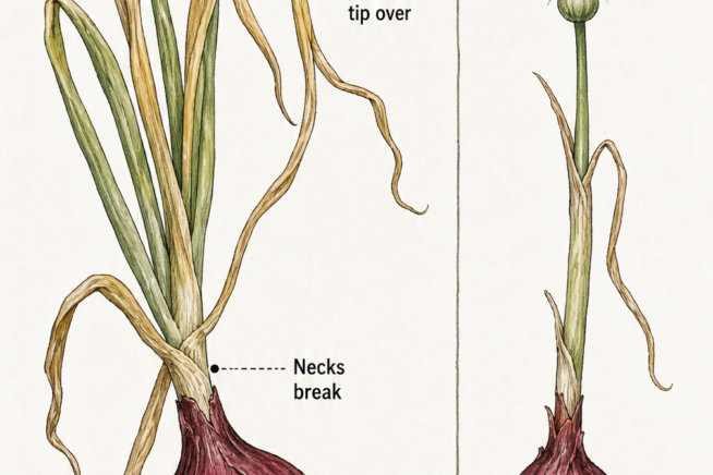 Illustration showing signs of a red onion ready for harvest, including yellowing tops, broken necks, and a large mature bulb, plus a warning about flower...