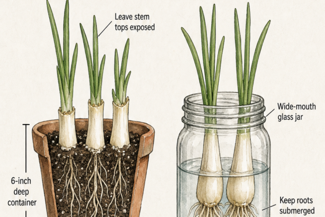 Comparison of regrowing green onions indoors using soil in a container versus water in a glass jar.