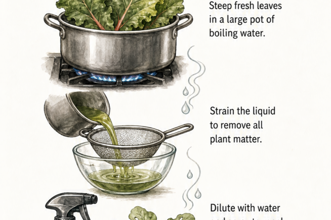 Step-by-step illustration of making organic pesticide from rhubarb leaves by steeping, straining, and spraying.