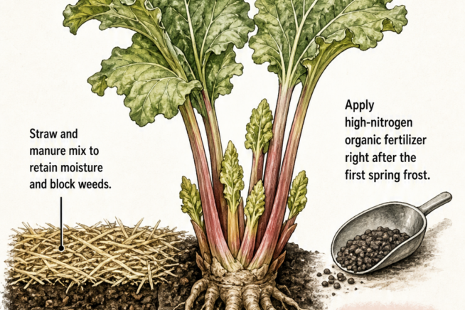 Botanical cross-section of a rhubarb plant showing soil layers with straw, manure, and organic compost for optimal nutrition.