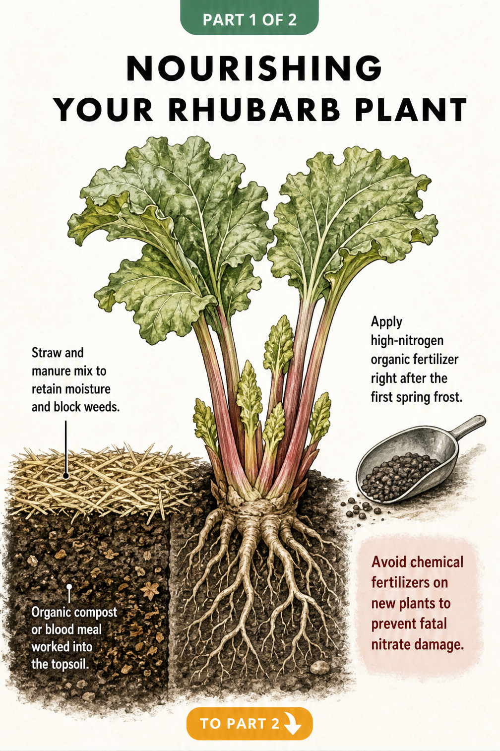 Botanical cross-section of a rhubarb plant showing soil layers with straw, manure, and organic compost for optimal nutrition.