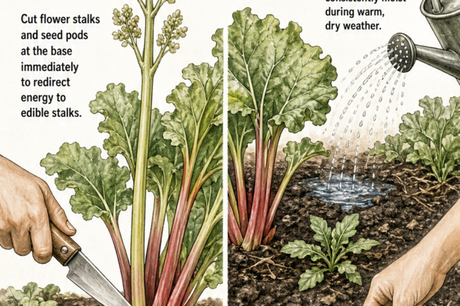 Illustration showing how to cut rhubarb flower stalks at the base and maintain moist, weed-free soil.
