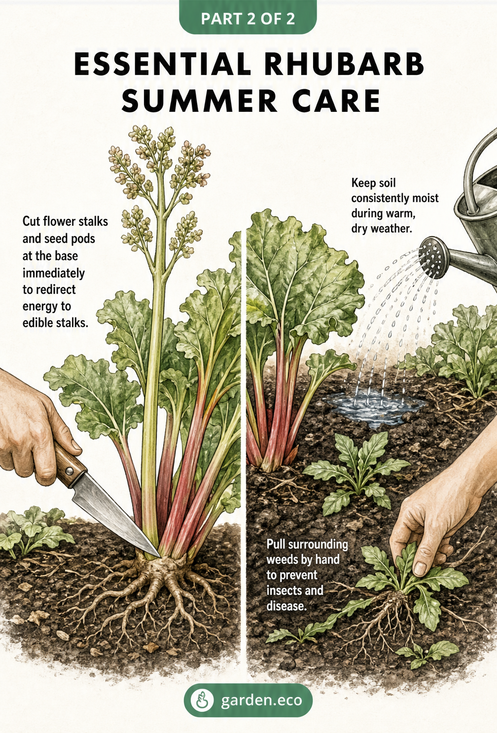Illustration showing how to cut rhubarb flower stalks at the base and maintain moist, weed-free soil.