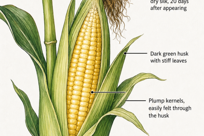 Botanical illustration of a ripe sweet corn ear showing brown silk, dark green husk, and plump kernels
