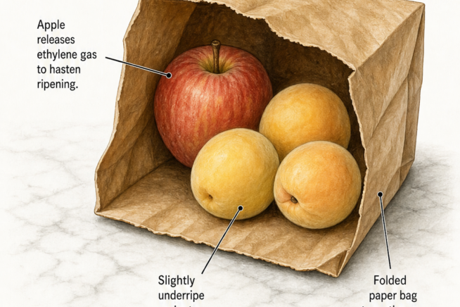 Illustration of slightly underripe apricots in a folded paper bag with an apple to speed up ripening.