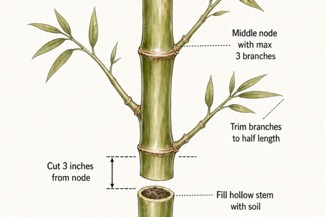 Botanical illustration showing how to root a bamboo stem cutting, including trimming branches and planting depth.