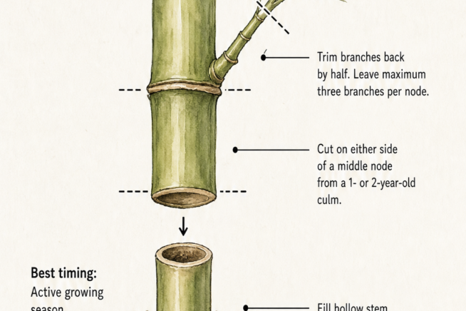Detailed sketch showing how to take a bamboo stem cutting at the node and plant it in soil.