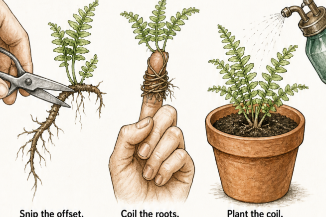 Step-by-step illustration of rooting a Boston fern offset by snipping the rhizome, coiling the roots, and planting in soil.