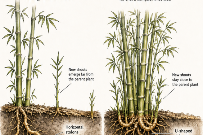 Botanical illustration comparing running bamboo with horizontal stolons and clumping bamboo with U-shaped rhizomes