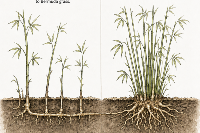 Botanical cross-section illustration comparing the underground root growth of running bamboo and clumping bamboo.
