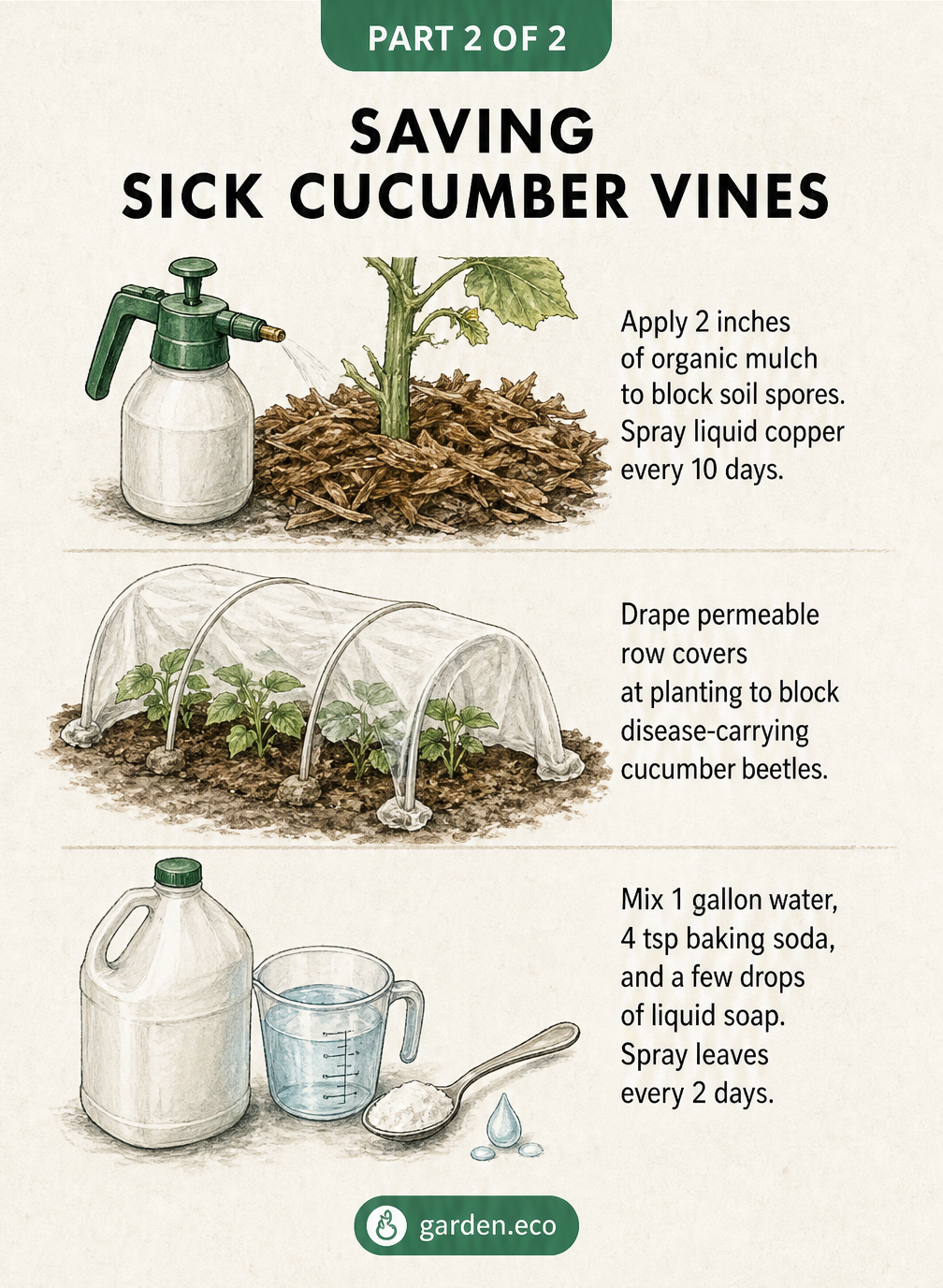 Botanical illustration showing three ways to save sick cucumber vines: applying organic mulch, using row covers, and spraying a baking soda mixture.