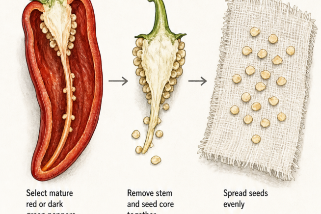 Step-by-step illustration on how to save Anaheim pepper seeds, from cutting the pepper to air drying the seeds on cheesecloth.