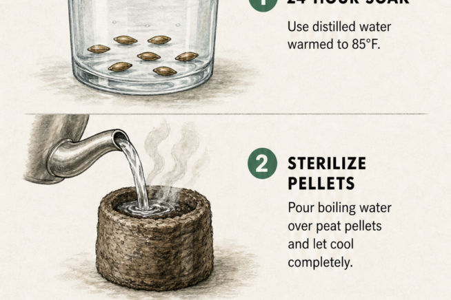 Botanical illustration showing how to start bamboo from seed, including a 24-hour soak, sterilizing peat pellets, and shallow planting.